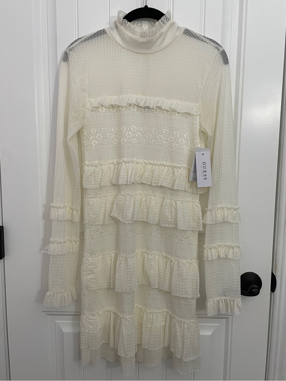 GUESS Cream Ivory Ruffle Tiered Tamara Dress High Neck Long Sleeve NWT Size S